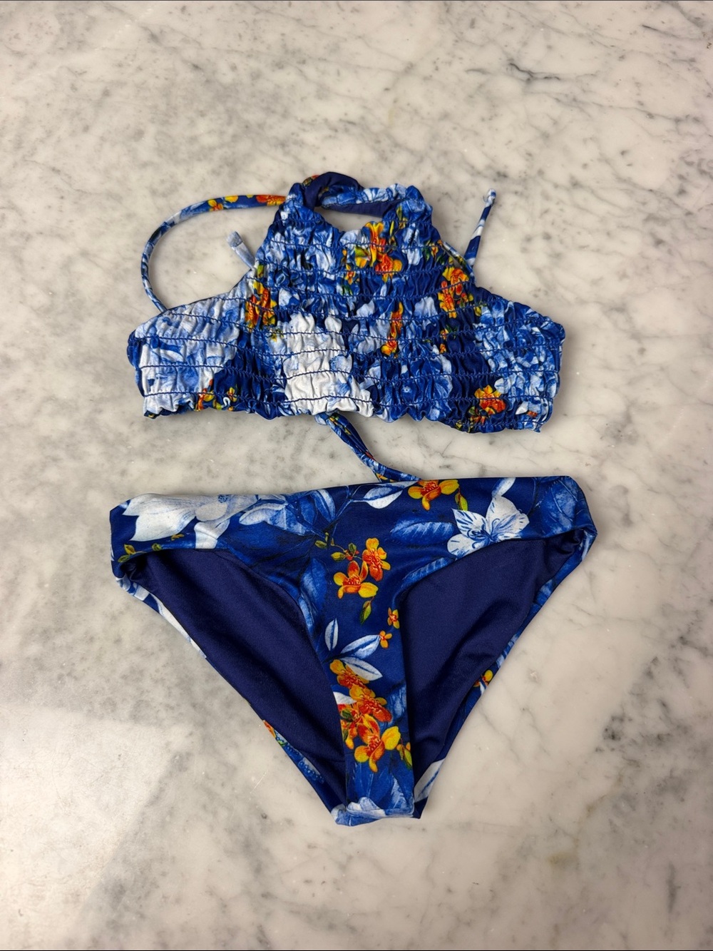 Agua Bendita Blue Floral Smocked Halter kids Bikini